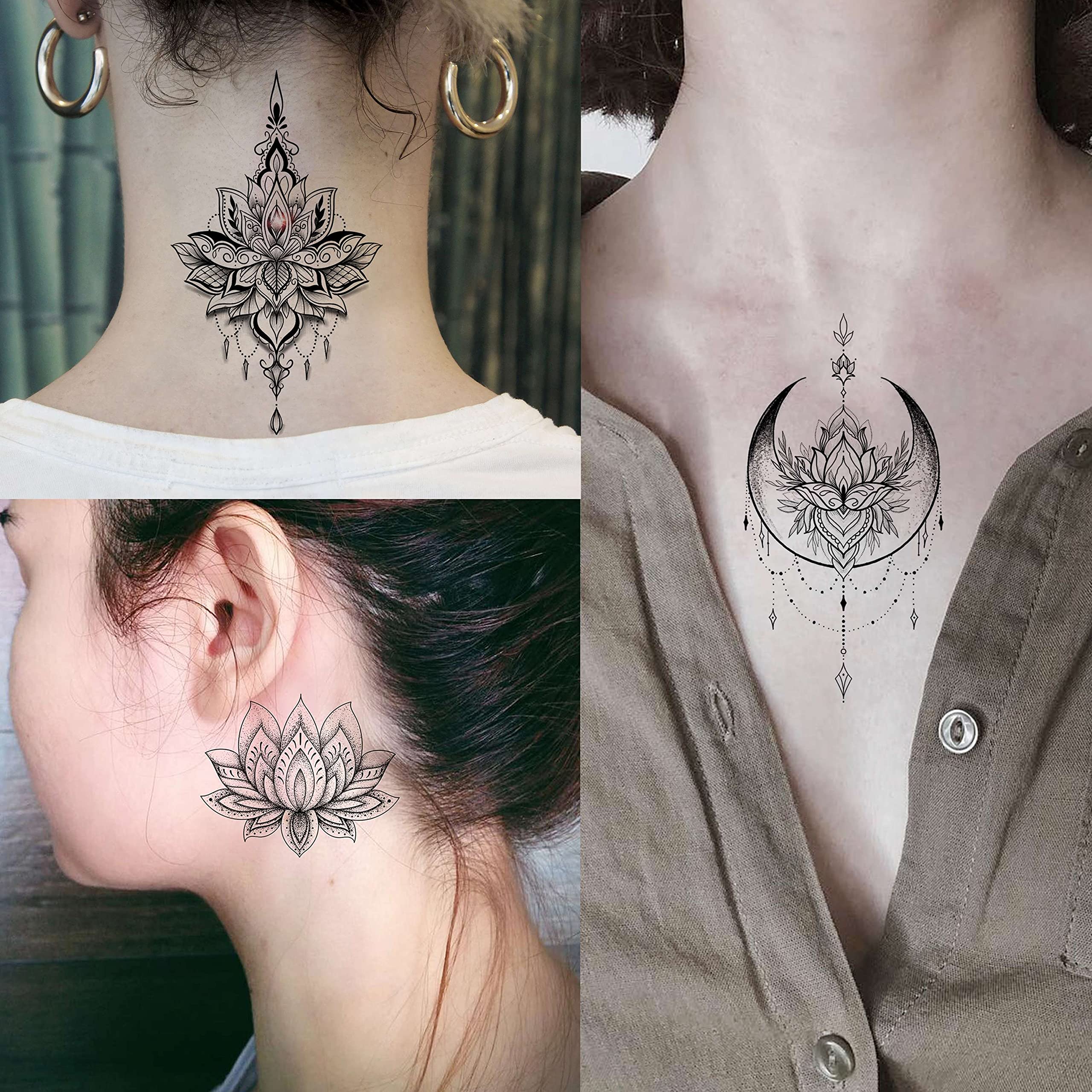 EGMBGM 15 Sheets Sexy Black Lotus Temporary Tattoos For Women Wedding Brides, Tribal Fake Jewelry Pendant Lace Moon Moth Flowers Temp Tattoos Temporary Sticker For Girls Arm Neck Hands Tatoos Jewels