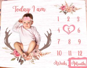 phmojen baby monthly milestone blanket | deer antler flowers with words | pink | baby growth chart monthly blanket | includes markers 47"x47" btlsph68