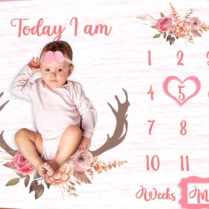 PHMOJEN Baby Monthly Milestone Blanket | Deer Antler Flowers with Words | Pink | Baby Growth Chart Monthly Blanket | Includes Markers 47"x47" BTLSPH68