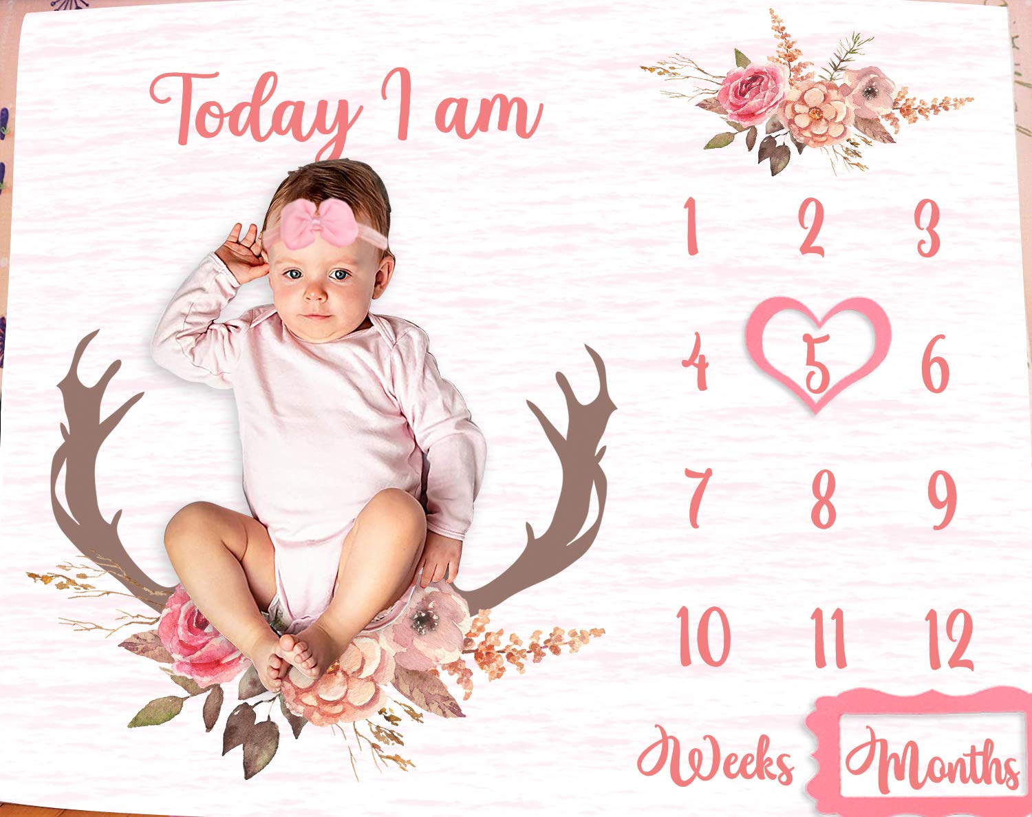 PHMOJEN Baby Monthly Milestone Blanket | Deer Antler Flowers with Words | Pink | Baby Growth Chart Monthly Blanket | Includes Markers 47"x47" BTLSPH68