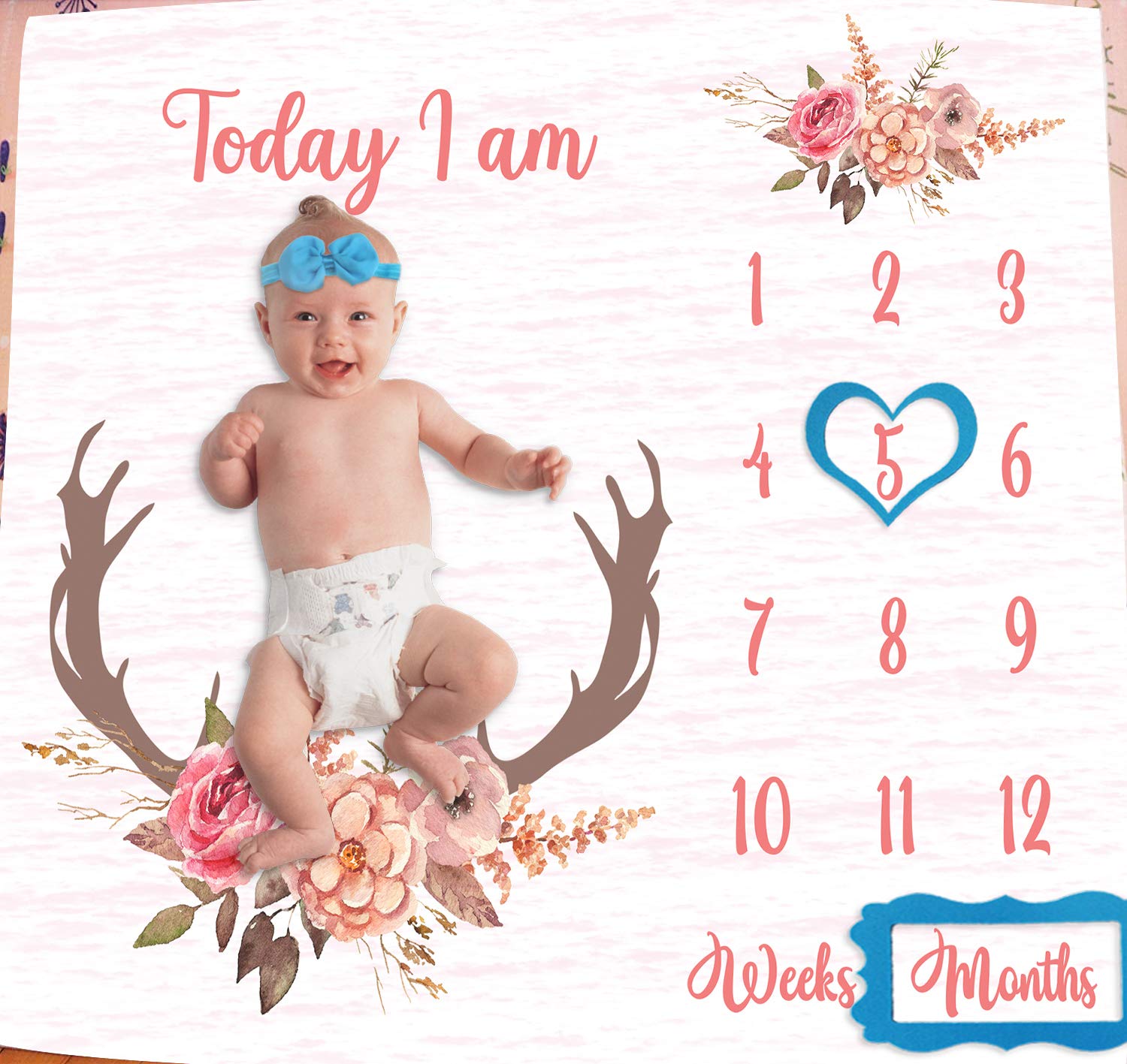 PHMOJEN Baby Monthly Milestone Blanket | Deer Antler Flowers with Words | Pink | Baby Growth Chart Monthly Blanket | Includes Markers 47"x47" BTLSPH68