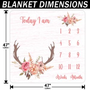 PHMOJEN Baby Monthly Milestone Blanket | Deer Antler Flowers with Words | Pink | Baby Growth Chart Monthly Blanket | Includes Markers 47"x47" BTLSPH68