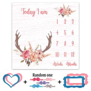 PHMOJEN Baby Monthly Milestone Blanket | Deer Antler Flowers with Words | Pink | Baby Growth Chart Monthly Blanket | Includes Markers 47"x47" BTLSPH68