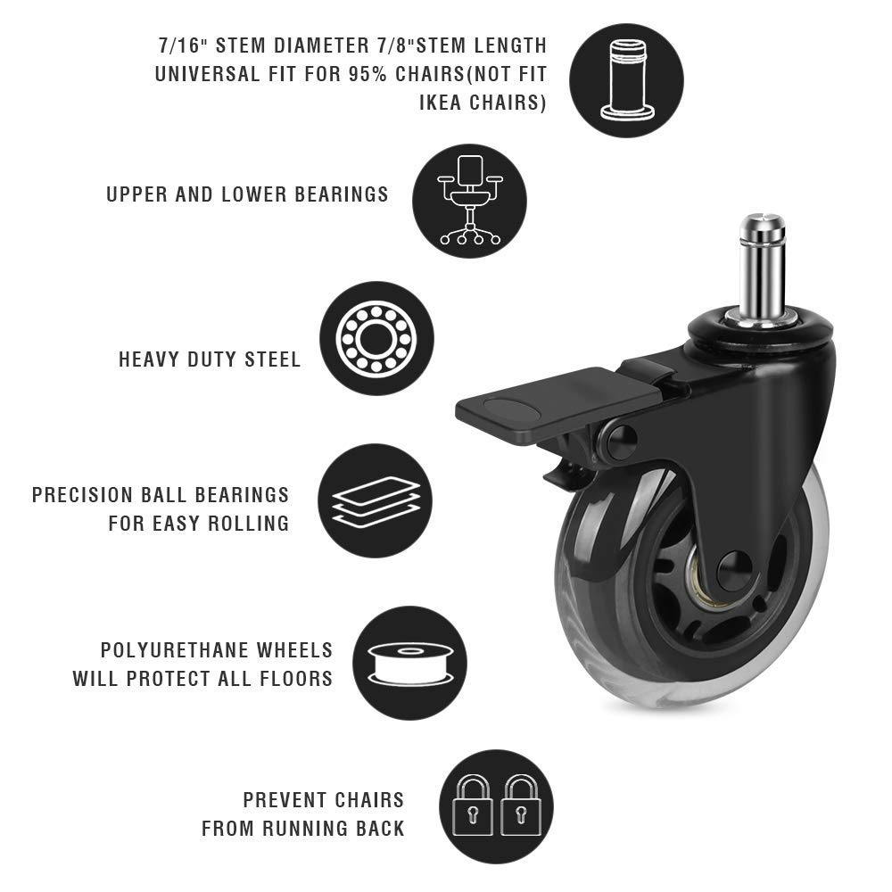 Office Chair Caster Replacement Wheel for Hardwood Floor and Carpet, Heavy Duty Universal Floor Safe Caster Set of 5,Rubber Wheels Office Chair to Replace Office Chair mats,fits 98% Chairs