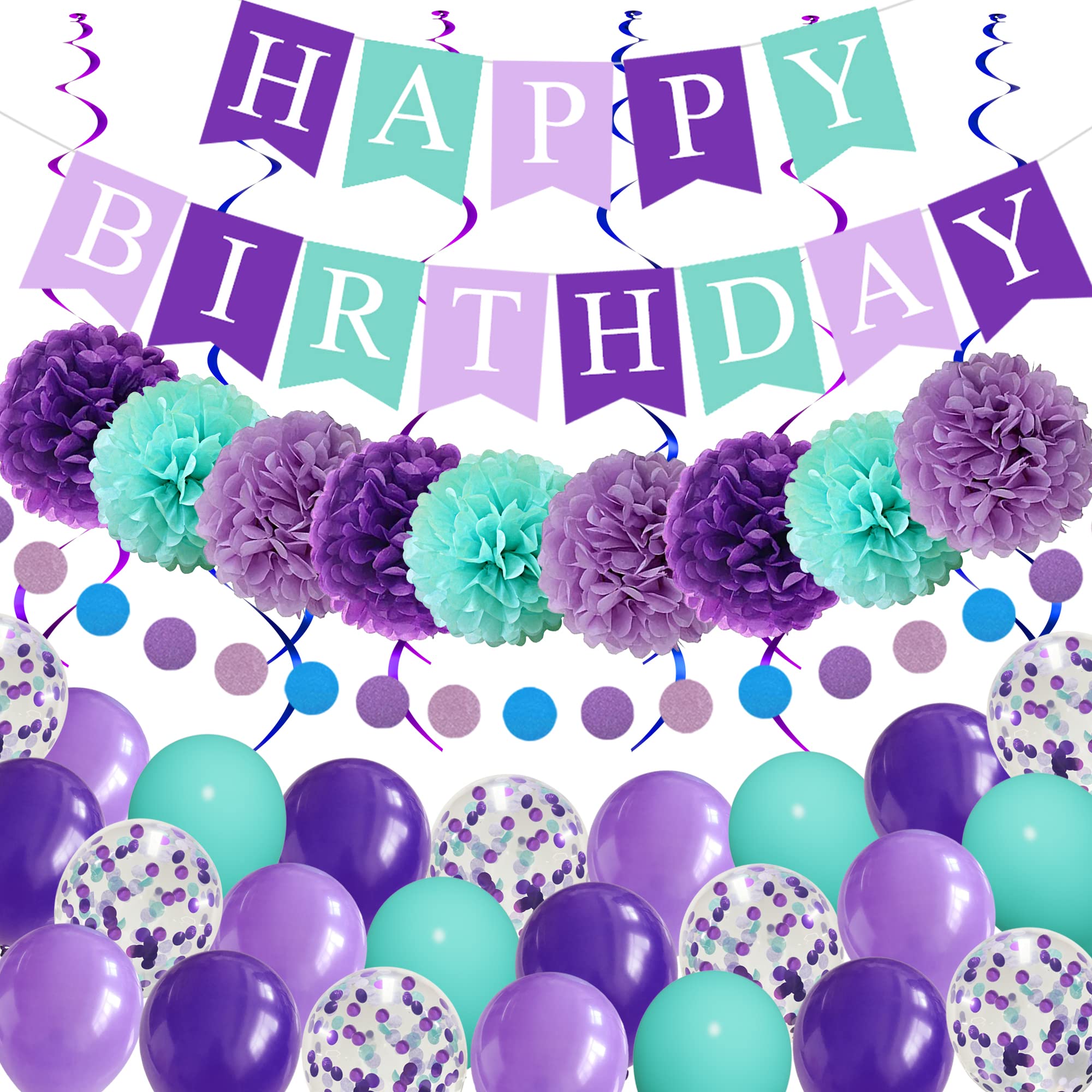 Mermaid Birthday Party Decorations for Girls Women, Happy Birthday Banner Purple Mint Green Confetti Balloons Dots Garland PomPoms Swirls for Birthday Party Baby Shower Graduation Decorations