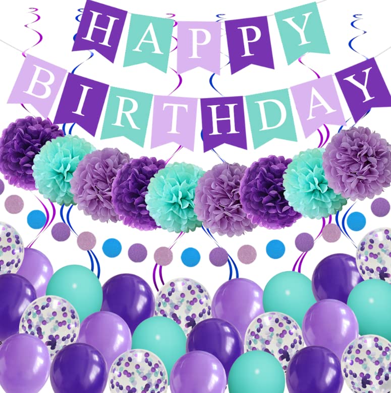 Mermaid Birthday Party Decorations for Girls Women, Happy Birthday Banner Purple Mint Green Confetti Balloons Dots Garland PomPoms Swirls for Birthday Party Baby Shower Graduation Decorations