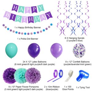 Mermaid Birthday Party Decorations for Girls Women, Happy Birthday Banner Purple Mint Green Confetti Balloons Dots Garland PomPoms Swirls for Birthday Party Baby Shower Graduation Decorations