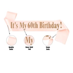 60th Birthday Headband and Sash,It's My Birthday Crystal Crown and Satin Sash for Women Birthday Party Supplies Decoration Rhinestone Birthday Crown and Glitter Sash (Rose Gold)