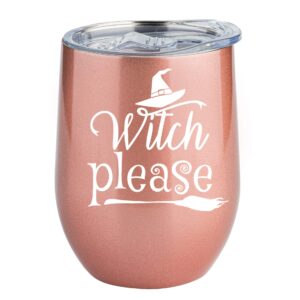 JENVIO Witchy Gifts - Rose Gold Stainless Steel Wine Tumbler/Mug with Lid and Straw - Witch Room Decor for Witchcraft Women Wicca Gothic Brew Village Glass Cup Please Broomstick Valentine's Day