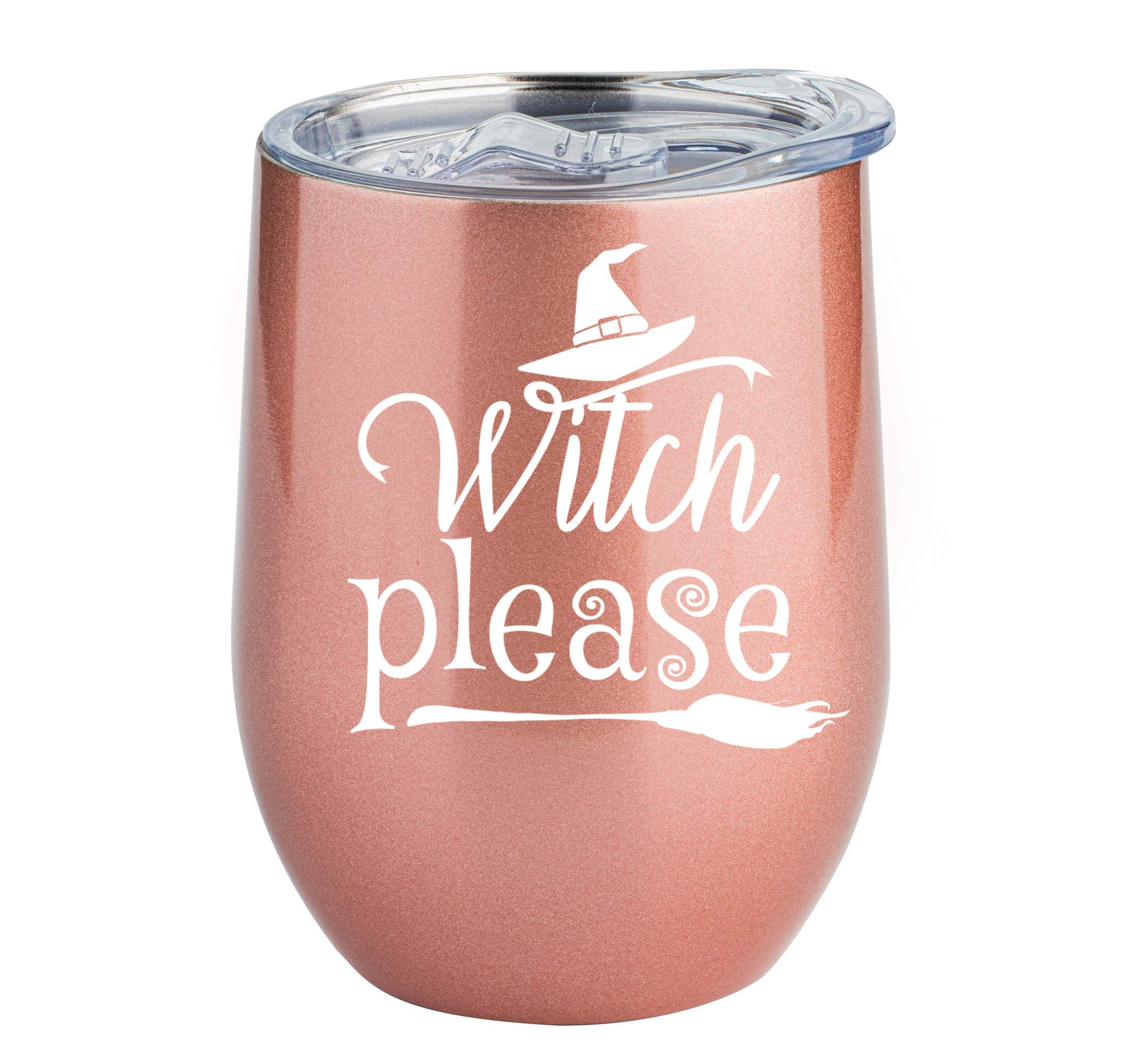 JENVIO Witchy Gifts - Rose Gold Stainless Steel Wine Tumbler/Mug with Lid and Straw - Witch Room Decor for Witchcraft Women Wicca Gothic Brew Village Glass Cup Please Broomstick Valentine's Day