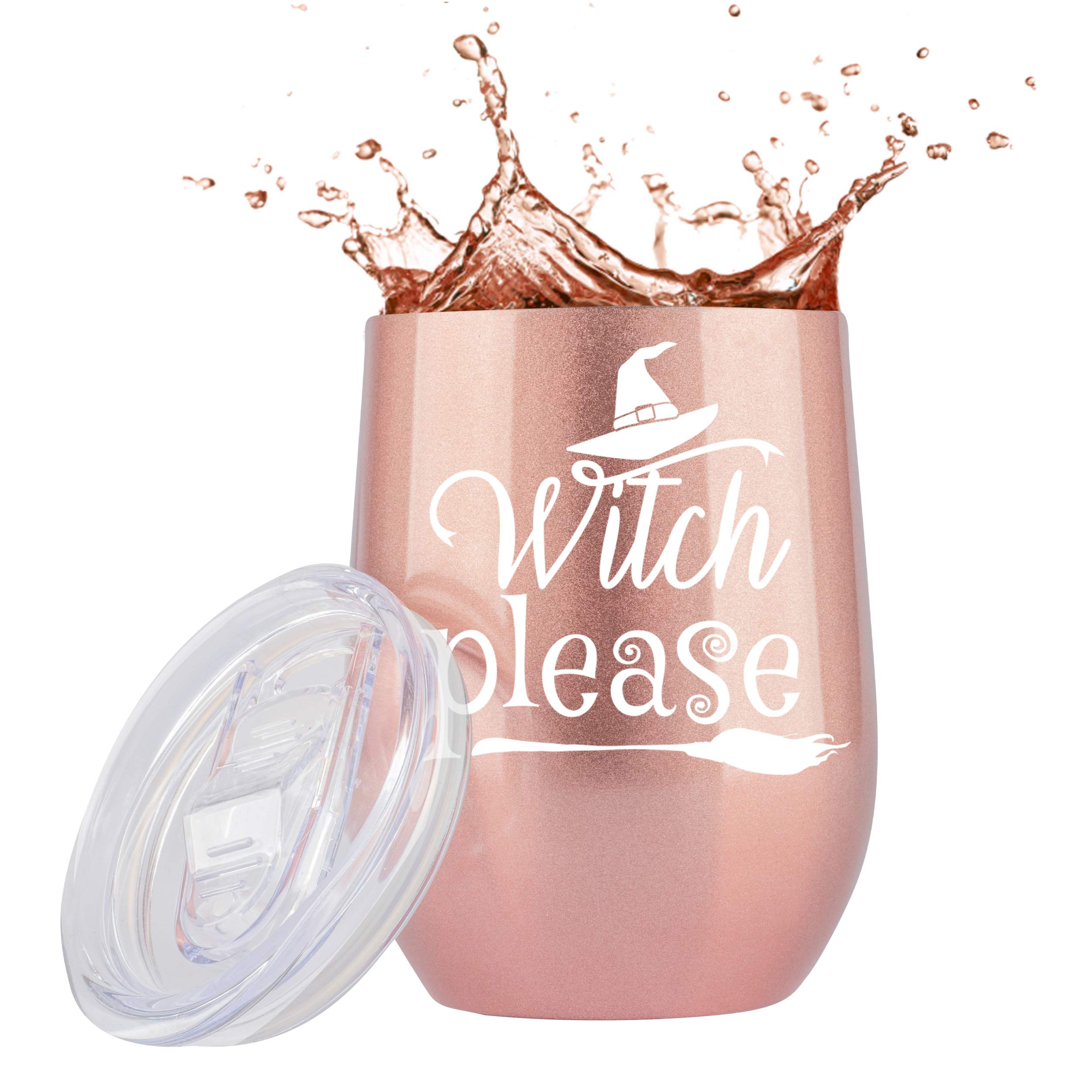 JENVIO Witchy Gifts - Rose Gold Stainless Steel Wine Tumbler/Mug with Lid and Straw - Witch Room Decor for Witchcraft Women Wicca Gothic Brew Village Glass Cup Please Broomstick Valentine's Day