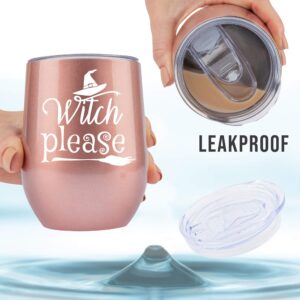 JENVIO Witchy Gifts - Rose Gold Stainless Steel Wine Tumbler/Mug with Lid and Straw - Witch Room Decor for Witchcraft Women Wicca Gothic Brew Village Glass Cup Please Broomstick Valentine's Day