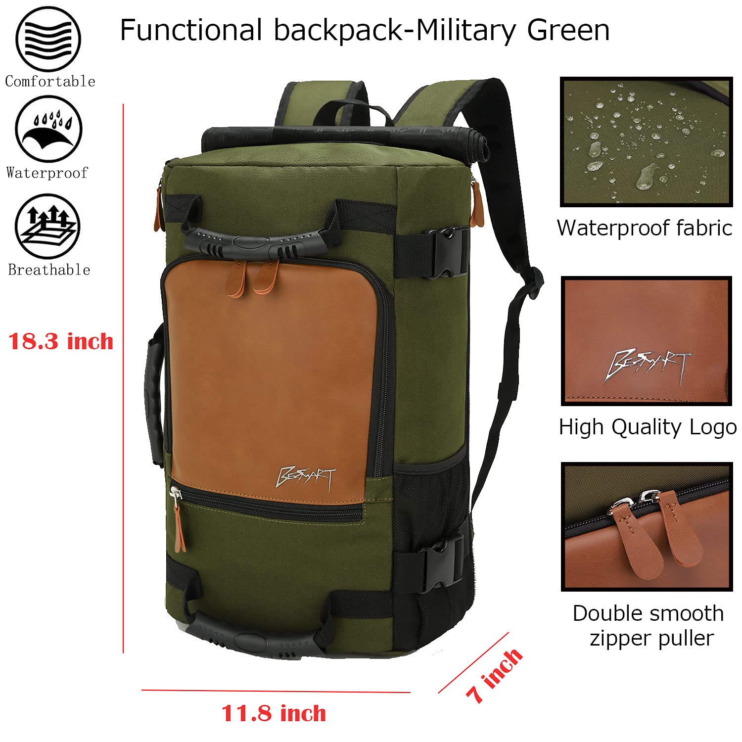 BE SMART Laptop Bag Outdoor Large Travel Waterproof Backpack Multipurpose Design fits 16 inches Computer Sport Business book bags for for Camping Hunting Hiking for Men and Woman-Green