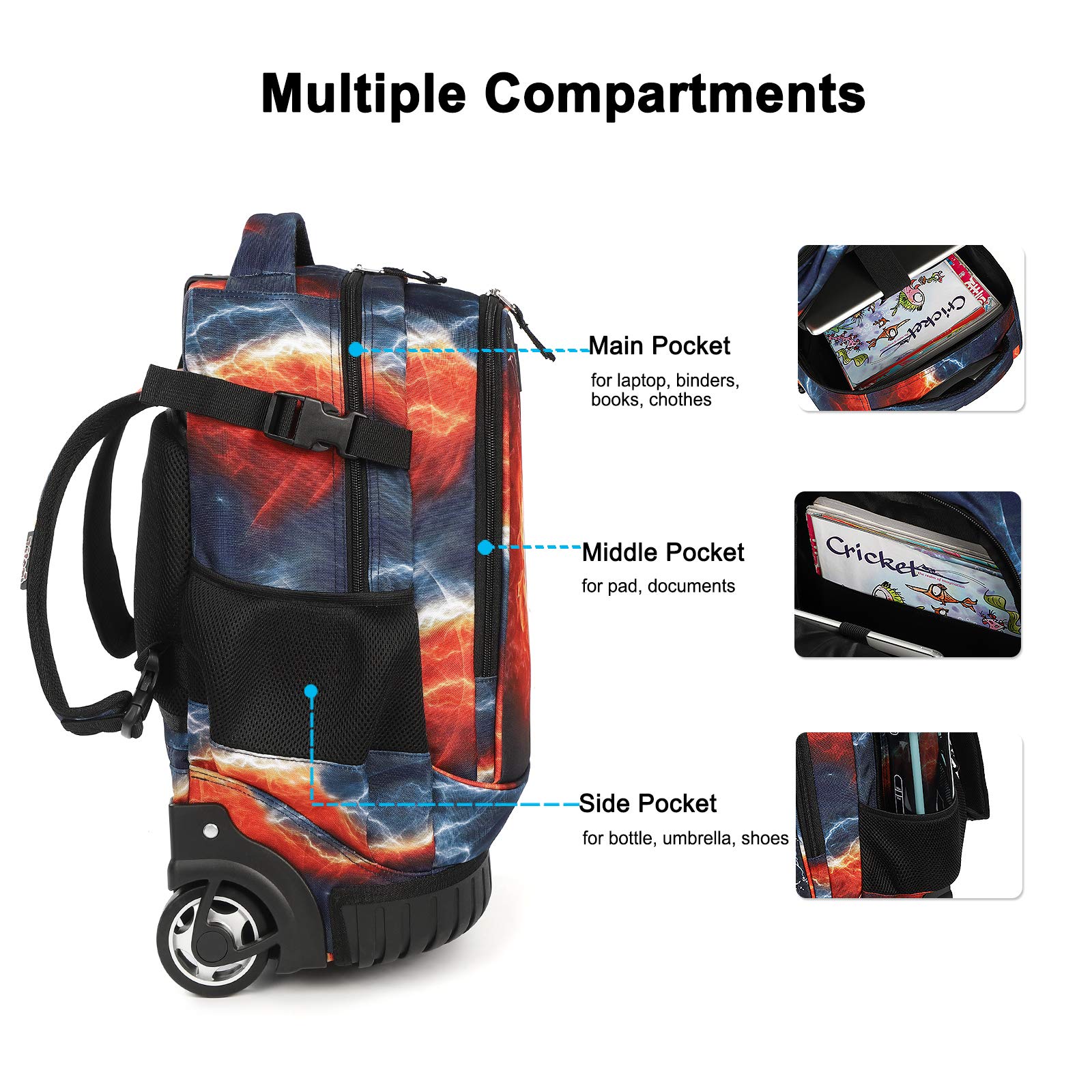 Tilami Rolling Backpack with Trolley Wheeled Design, Cute Cartoon Printed for Boys and Girls, Travel, School, Student Trip (19 Inch, Football)