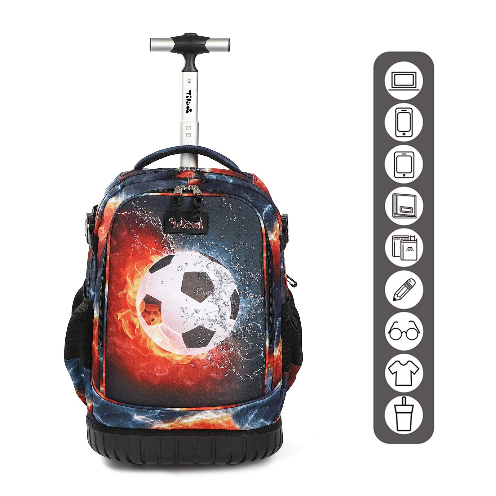 Tilami Rolling Backpack with Trolley Wheeled Design, Cute Cartoon Printed for Boys and Girls, Travel, School, Student Trip (19 Inch, Football)