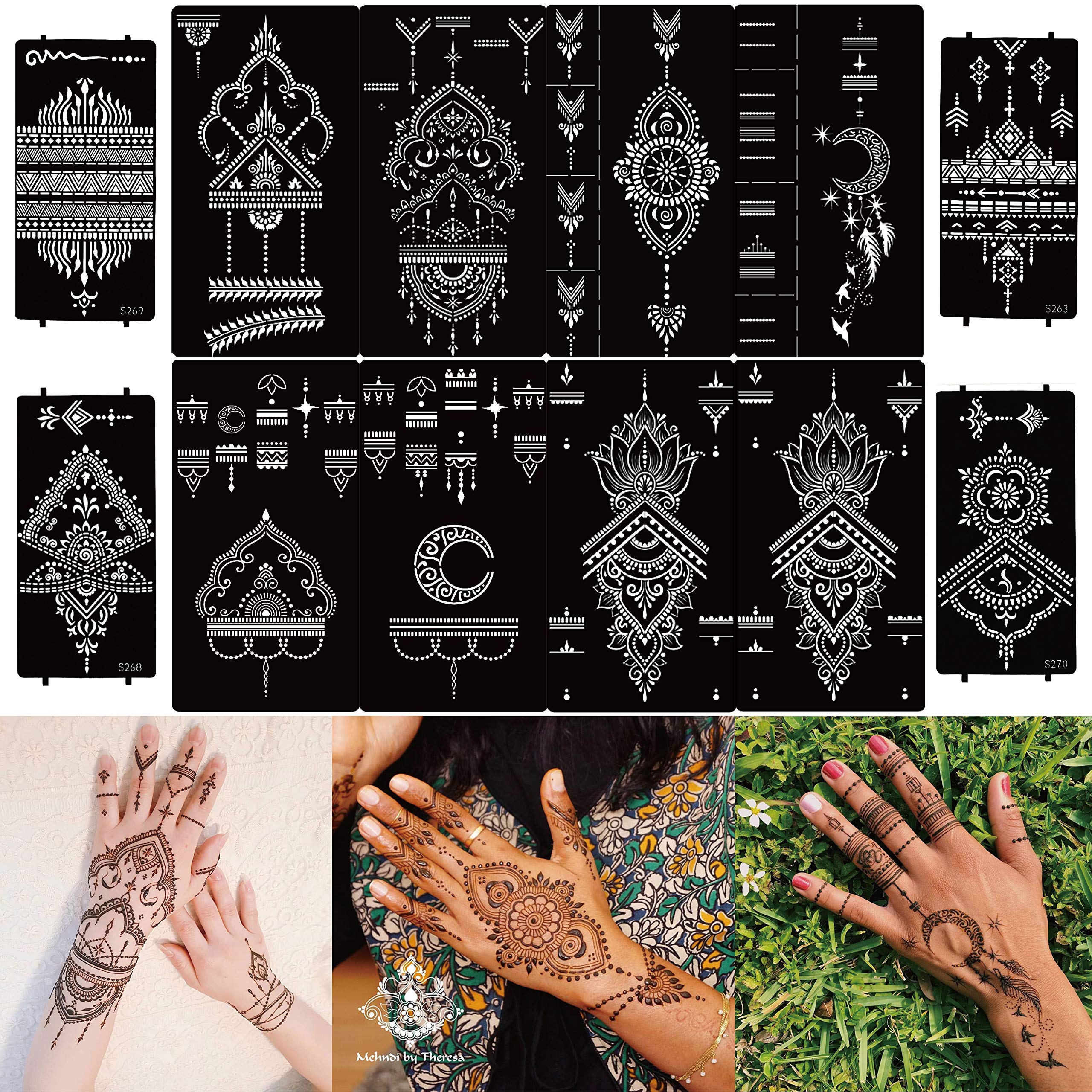 DIVAWOO 12 Sheet Henna Tattoo Stencils, Hand Temporary Tattoo Stickers, Indian Arabian Self Adhesive Tattoo Templates