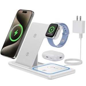 wireless charger, 3 in 1 15w fast charging dock stand for iphone 15/14/13/12/11/pro max/xs/xr/x/8 plus/8, compatible with apple watch series and airpods 3/2/pro （white）