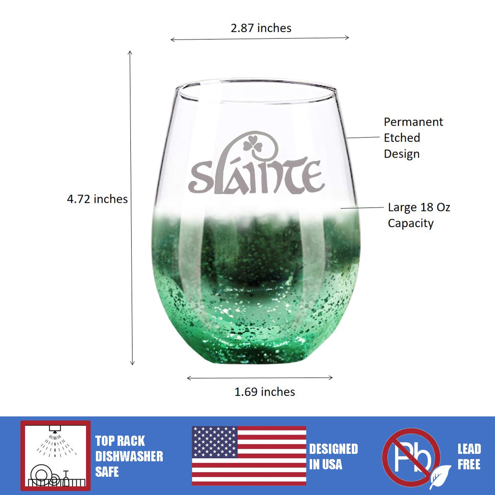 Osci-Fly Saint Patrick's Day Gift, Slainte Irish Handmade Etched Wine Glass