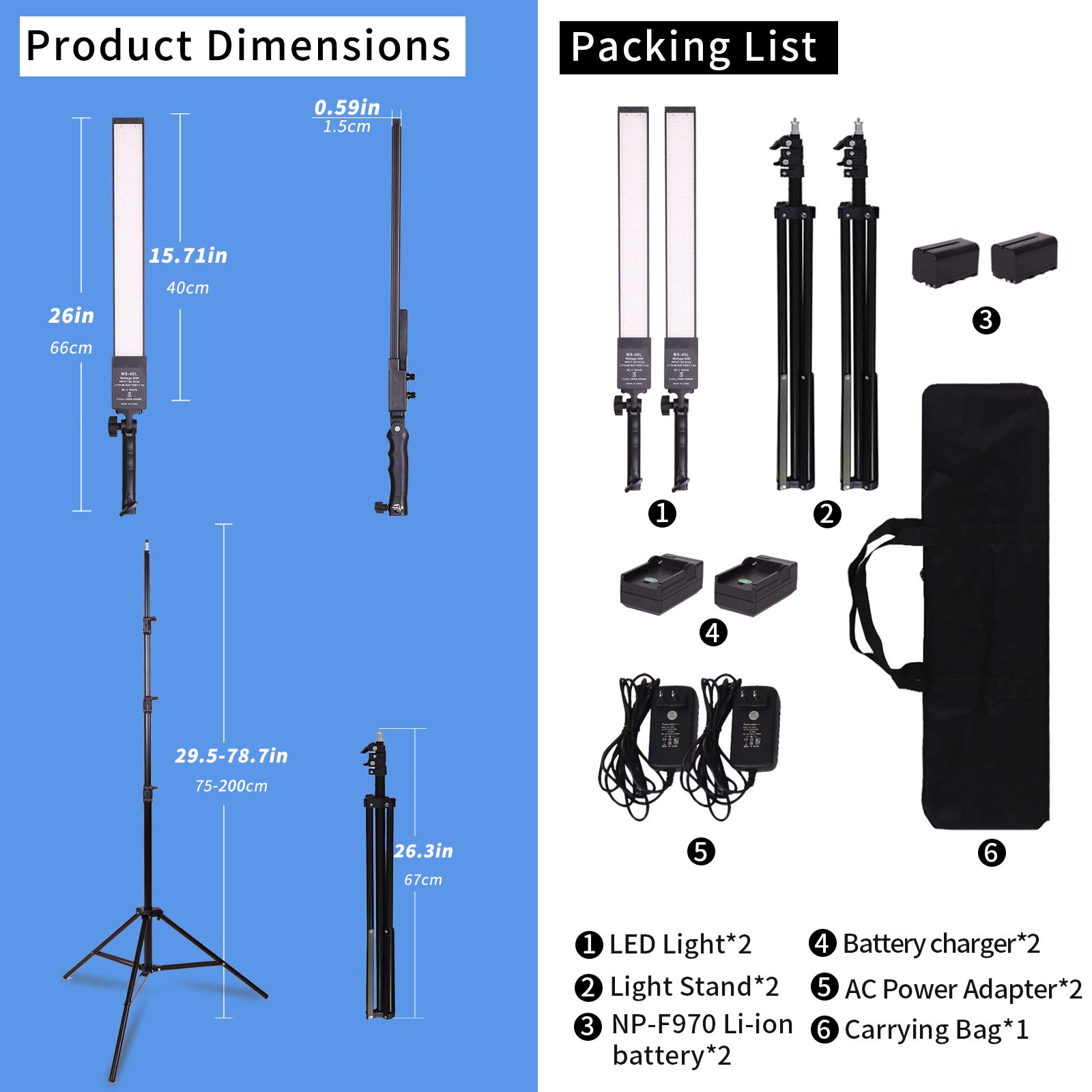 GSKAIWEN LED Video Light Battery Powered Photography Light Portable Handheld Wand,Dimmable 2800-5500K Photo Studio Light Kit with NP-970 Li-ion Battery and Stand for Portrait, YouTube,Outdoor Video