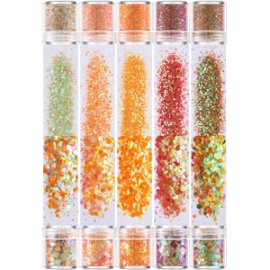 gabox 10 jars sunset orange cosmetic chunky glitter set, holographic nail resin glitter, fine powder+1mm+2mm+3mm sequins flakes, iridescent art glitter set for body face eyes hair crafts