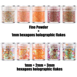 GABOX 10 Jars Sunset Orange Cosmetic Chunky Glitter Set, Holographic Nail Resin Glitter, Fine Powder+1mm+2mm+3mm Sequins Flakes, Iridescent Art Glitter Set for Body Face Eyes Hair Crafts