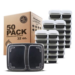 freshware meal prep containers [50 pack] 2 compartment with lids, food storage containers, bento box, bpa free, stackable, microwave/dishwasher/freezer safe (28 oz)