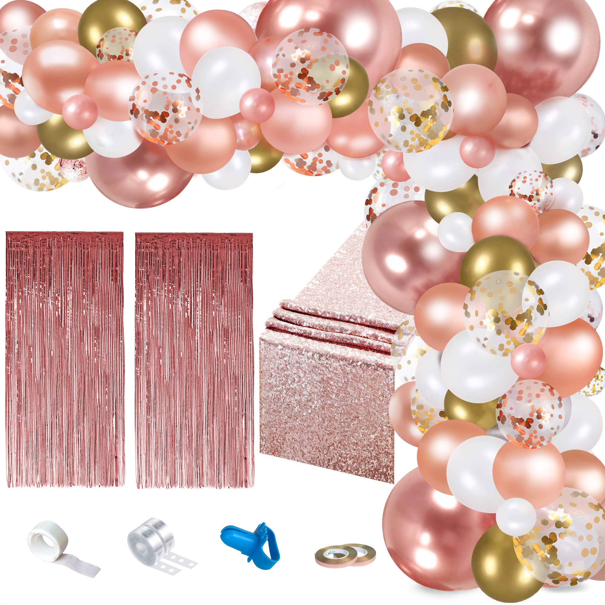 Rose Gold Balloons Garland Arch Kit, 96 Pack Birthday Party Decorations Supplies Set, Balloons w/ 2 Foil Fringe Curtains & 1 Sequin Table Runner, for Bridal, Baby Shower, Birthday, Graduation,