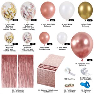 Rose Gold Balloons Garland Arch Kit, 96 Pack Birthday Party Decorations Supplies Set, Balloons w/ 2 Foil Fringe Curtains & 1 Sequin Table Runner, for Bridal, Baby Shower, Birthday, Graduation,