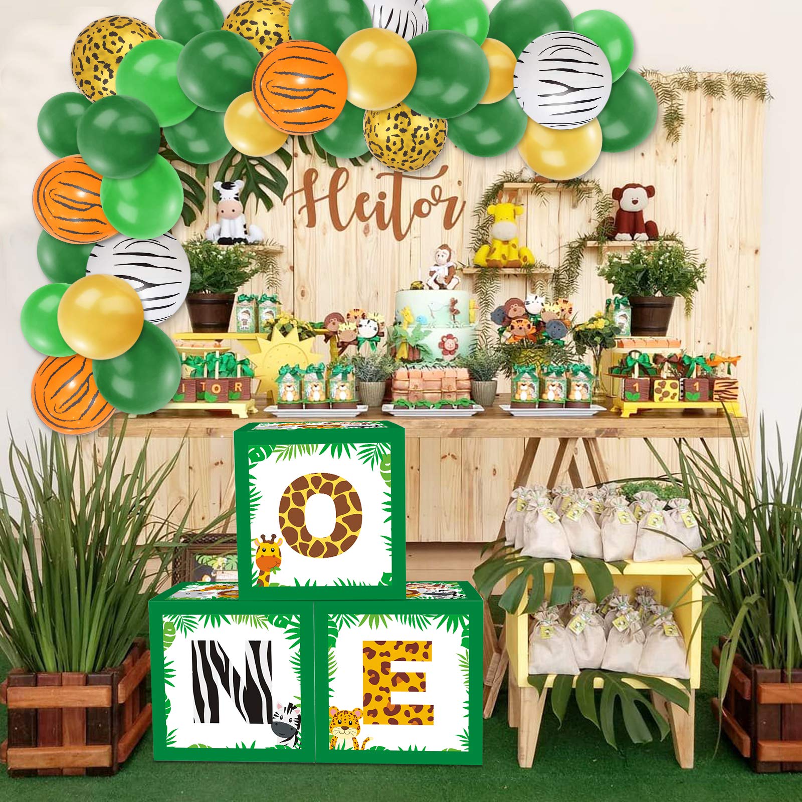 Jungle Animals Wild One Balloons Boxes Decoration Safari First Birthday Backdrop Blocks Decor for Baby Boys Girls B-Day Party Supplies Milestone One Year Anniversary Celebration Favor Ideas Set of 39