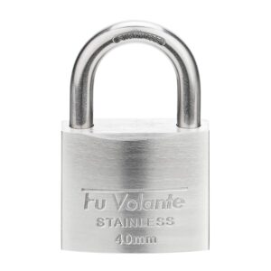 fu volante stainless steel pin tumbler padlock, 304 marine series, weatherproof padlock for outdoor use, 1-9/16 inch wide body, keyed different - stainless steel body & shackle