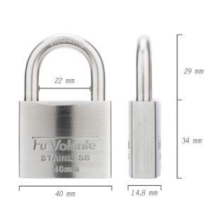 Fu Volante Stainless Steel Pin Tumbler Padlock, 304 Marine Series, Weatherproof Padlock for Outdoor use, 1-9/16 inch Wide Body, Keyed Different - Stainless Steel Body & Shackle