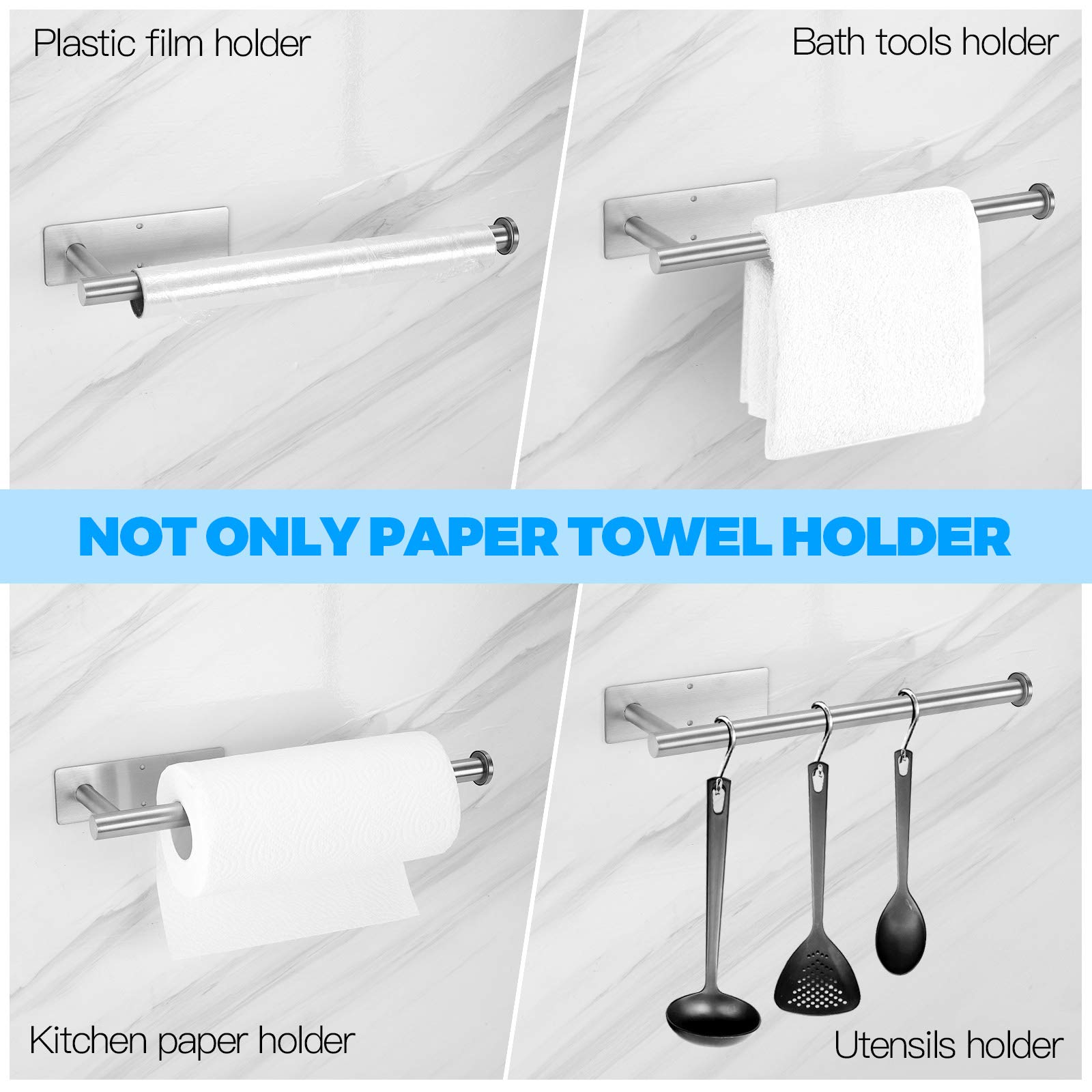 Under Cabinet Paper Towel Holder - Self Adhesive or Drilling, SUS304 Stainless Steel Wall Mount Silver Towel Paper Holder for Kitchen, Pantry, Sink