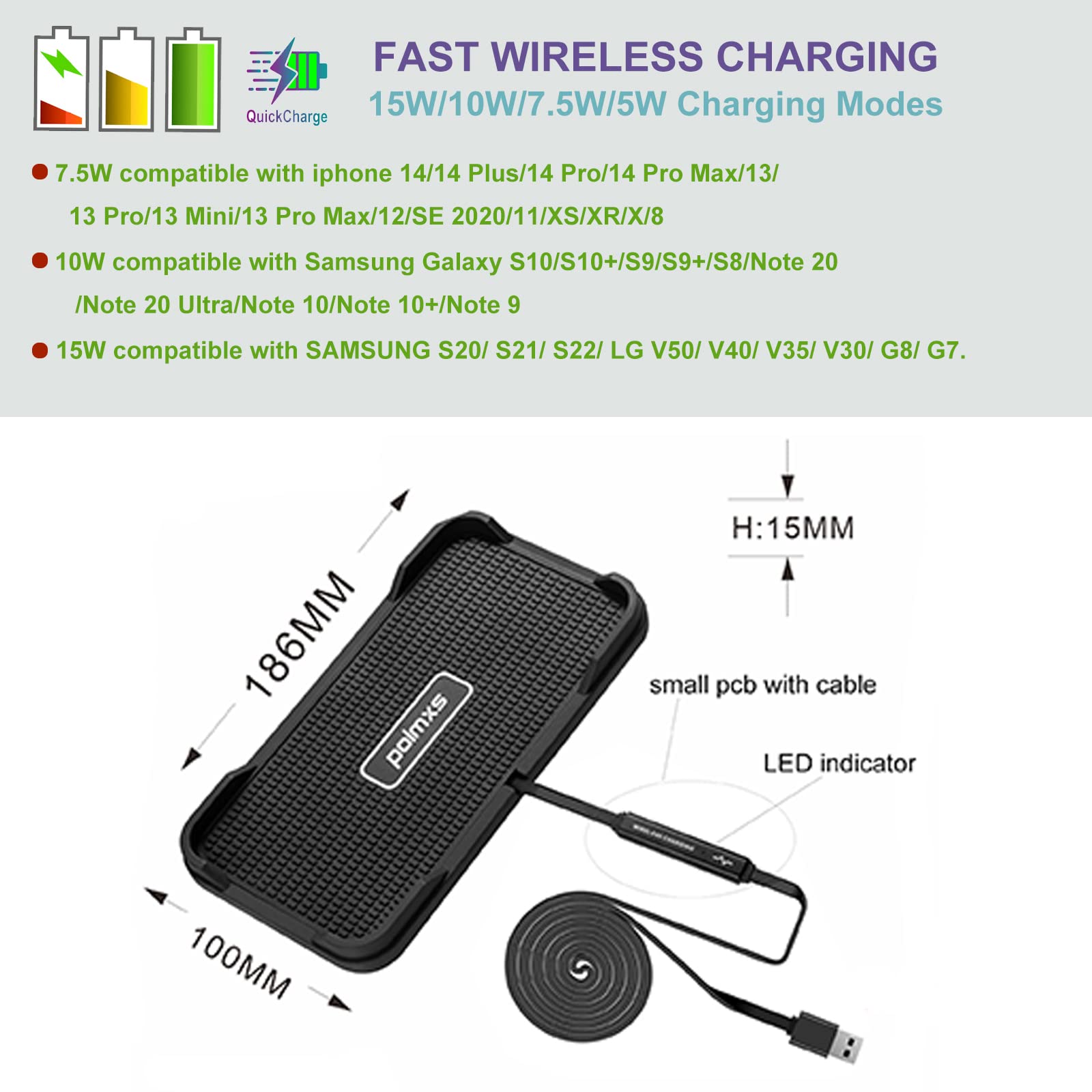 Wireless Charger, POLMXS 15W Wireless car Charger Charging pad Non-Slip Wireless Phone Charger Fast Charger pad Android Wireless Charging mat Cordless Cell Phone Charger galaxyS21S20S9S8 NOTE10(C12)