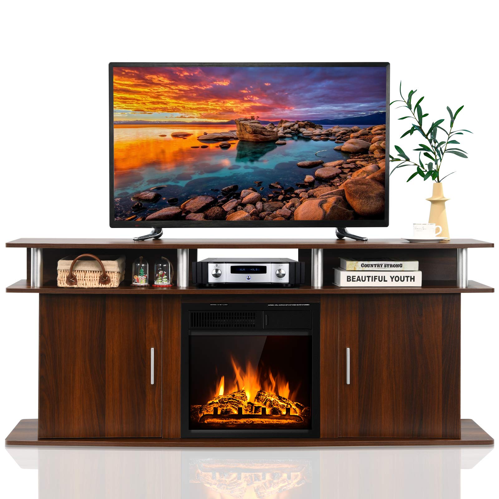 Tangkula Fireplace TV Stand, Living Room Media Console Table w/1500W Electric Fireplace for TVs up to 70 Inches, Modern TV Console w/Fireplace, Remote Control & Adjustable Brightness (Cherry)