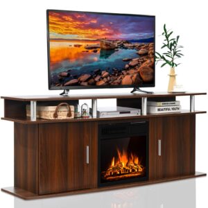 Tangkula Fireplace TV Stand, Living Room Media Console Table w/1500W Electric Fireplace for TVs up to 70 Inches, Modern TV Console w/Fireplace, Remote Control & Adjustable Brightness (Cherry)