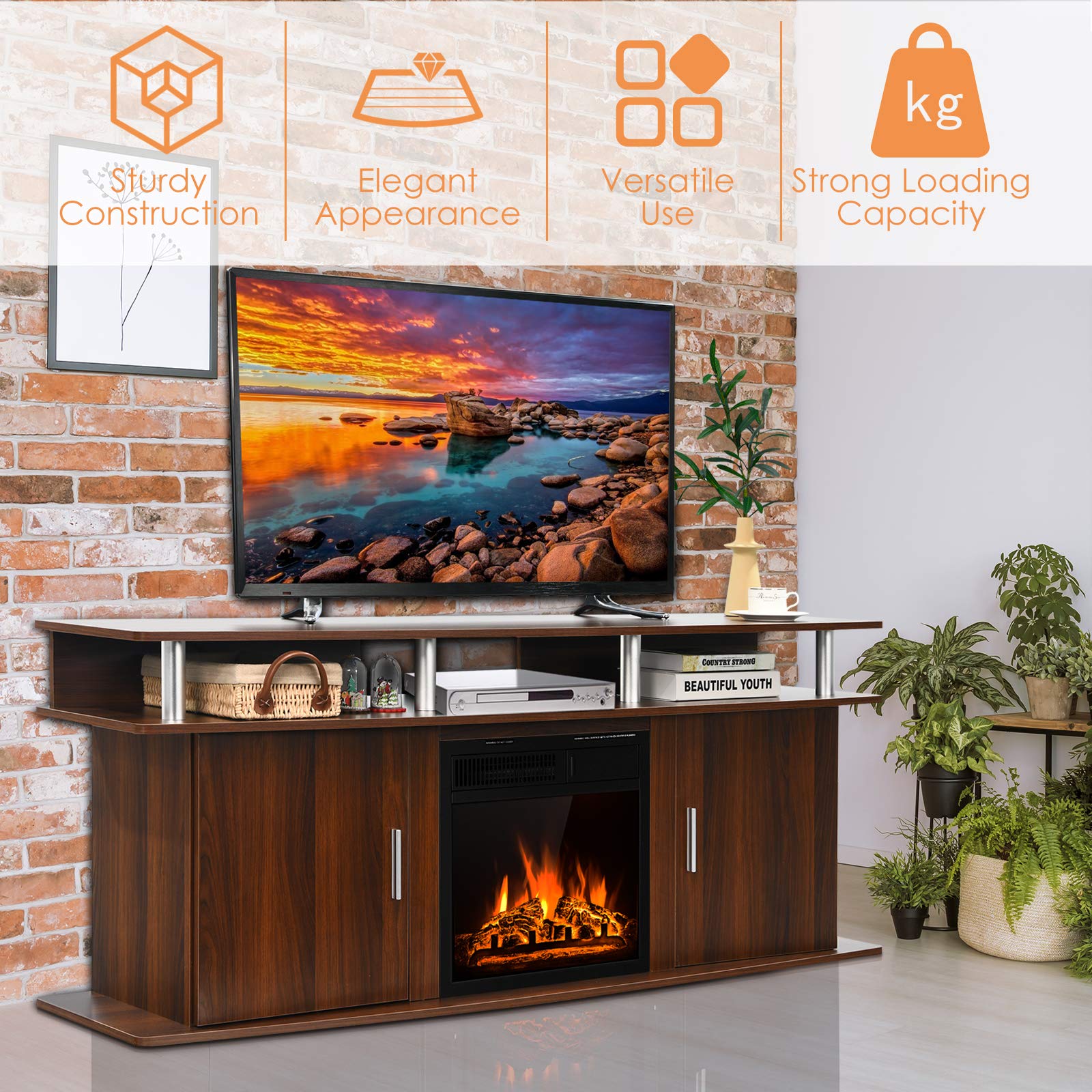 Tangkula Fireplace TV Stand, Living Room Media Console Table w/1500W Electric Fireplace for TVs up to 70 Inches, Modern TV Console w/Fireplace, Remote Control & Adjustable Brightness (Cherry)