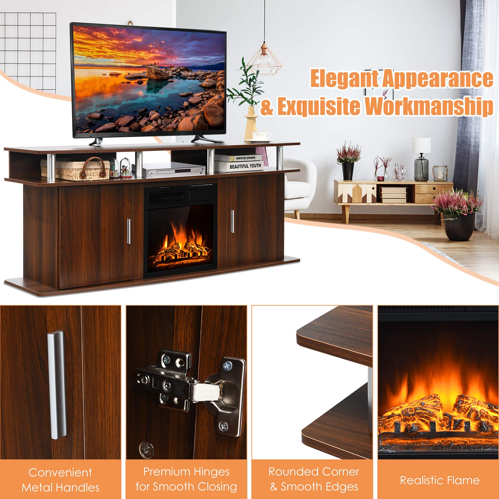 Tangkula Fireplace TV Stand, Living Room Media Console Table w/1500W Electric Fireplace for TVs up to 70 Inches, Modern TV Console w/Fireplace, Remote Control & Adjustable Brightness (Cherry)