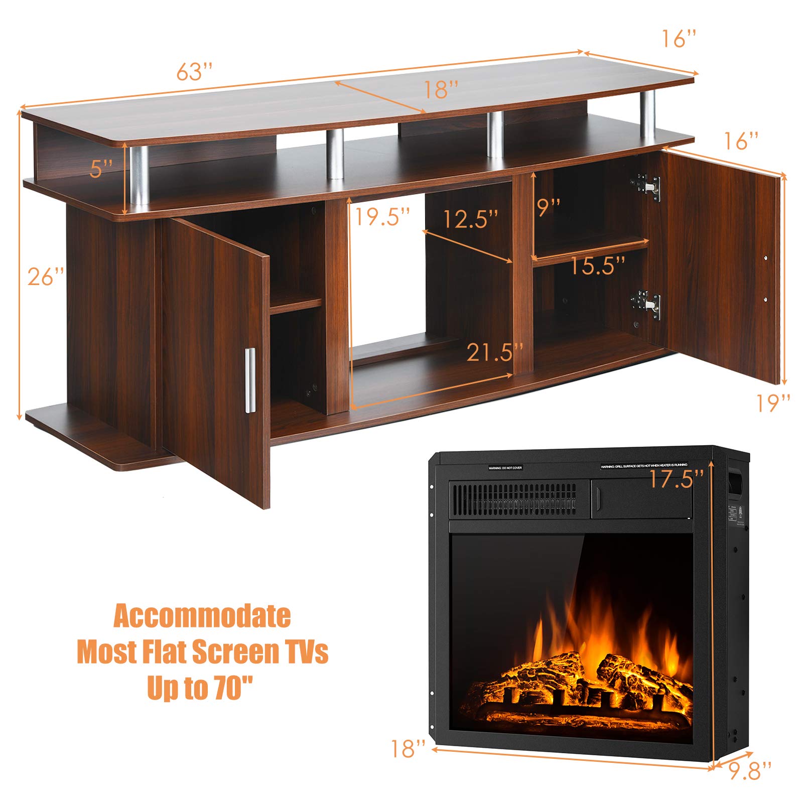 Tangkula Fireplace TV Stand, Living Room Media Console Table w/1500W Electric Fireplace for TVs up to 70 Inches, Modern TV Console w/Fireplace, Remote Control & Adjustable Brightness (Cherry)
