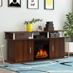 Tangkula Fireplace TV Stand, Living Room Media Console Table w/1500W Electric Fireplace for TVs up to 70 Inches, Modern TV Console w/Fireplace, Remote Control & Adjustable Brightness (Cherry)