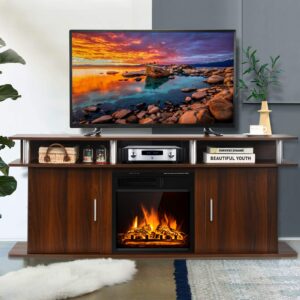 Tangkula Fireplace TV Stand, Living Room Media Console Table w/1500W Electric Fireplace for TVs up to 70 Inches, Modern TV Console w/Fireplace, Remote Control & Adjustable Brightness (Cherry)