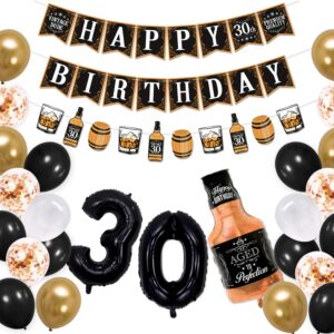 sinasasspel whiskey 30th birthday decorations gold & black aged to perfection birthday party banner whiskey garland, 27 balloons for 30 years old party supplies
