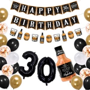 Sinasasspel Whiskey 30th Birthday Decorations Gold & Black Aged to Perfection Birthday Party Banner Whiskey Garland, 27 Balloons for 30 Years Old Party Supplies