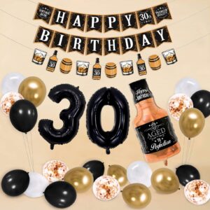 Sinasasspel Whiskey 30th Birthday Decorations Gold & Black Aged to Perfection Birthday Party Banner Whiskey Garland, 27 Balloons for 30 Years Old Party Supplies