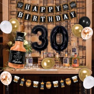 Sinasasspel Whiskey 30th Birthday Decorations Gold & Black Aged to Perfection Birthday Party Banner Whiskey Garland, 27 Balloons for 30 Years Old Party Supplies