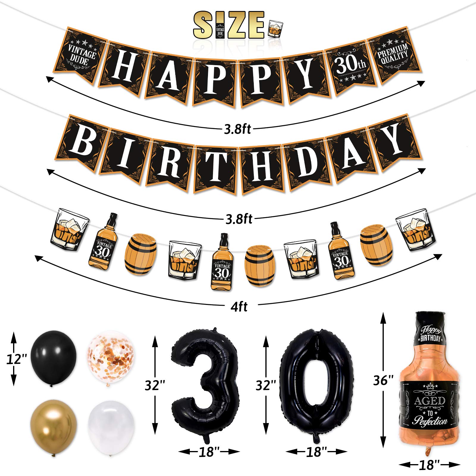 Sinasasspel Whiskey 30th Birthday Decorations Gold & Black Aged to Perfection Birthday Party Banner Whiskey Garland, 27 Balloons for 30 Years Old Party Supplies