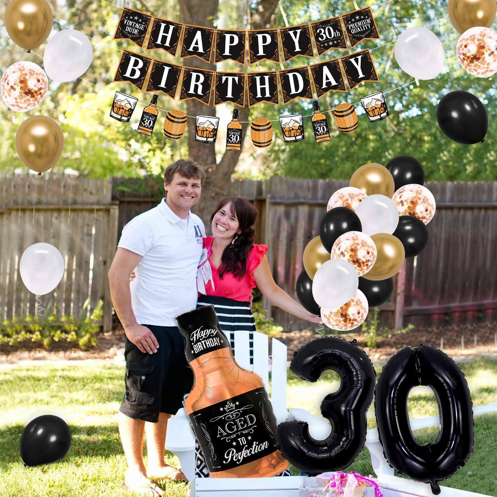 Sinasasspel Whiskey 30th Birthday Decorations Gold & Black Aged to Perfection Birthday Party Banner Whiskey Garland, 27 Balloons for 30 Years Old Party Supplies