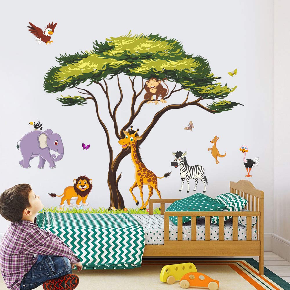 RW-1074 Cartoon Jungle Animal Wall Decals 3D Large Green Tree Wall Stickers DIY Removable Giraffe Lion Elephant Grass Wall Art Decor for Kids Baby Bedroom Living Room Nursery Playroom Home Decoration