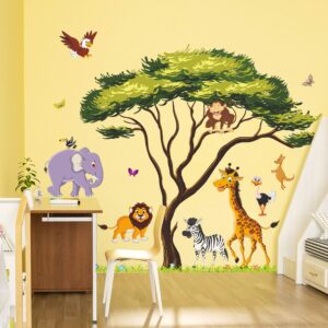 RW-1074 Cartoon Jungle Animal Wall Decals 3D Large Green Tree Wall Stickers DIY Removable Giraffe Lion Elephant Grass Wall Art Decor for Kids Baby Bedroom Living Room Nursery Playroom Home Decoration