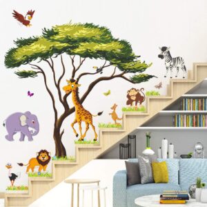 RW-1074 Cartoon Jungle Animal Wall Decals 3D Large Green Tree Wall Stickers DIY Removable Giraffe Lion Elephant Grass Wall Art Decor for Kids Baby Bedroom Living Room Nursery Playroom Home Decoration