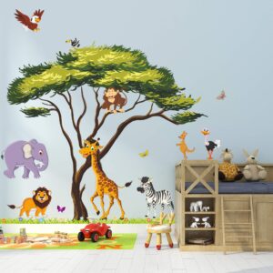 RW-1074 Cartoon Jungle Animal Wall Decals 3D Large Green Tree Wall Stickers DIY Removable Giraffe Lion Elephant Grass Wall Art Decor for Kids Baby Bedroom Living Room Nursery Playroom Home Decoration